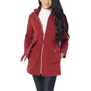 Dennis by Dennis Basso Garnet Red Quilted Belted Hooded Rain Weather Jacket